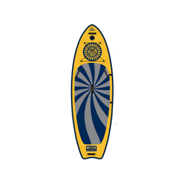 A blue and yellow SOLshine inflatable SUP with a central sun design, isolated on a black background.