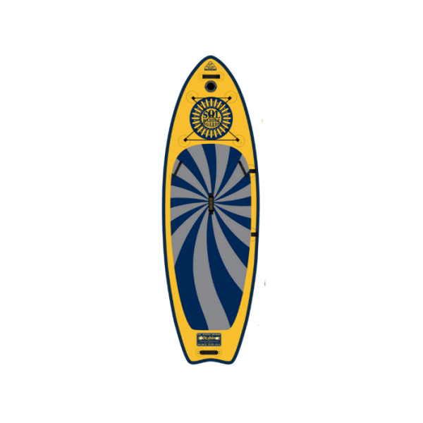 The SOLshine inflatable paddleboard by SOL Paddle Boards features a yellow and blue design with a spiral center and sun graphic, ideal for river paddling or yoga stability adventures.
