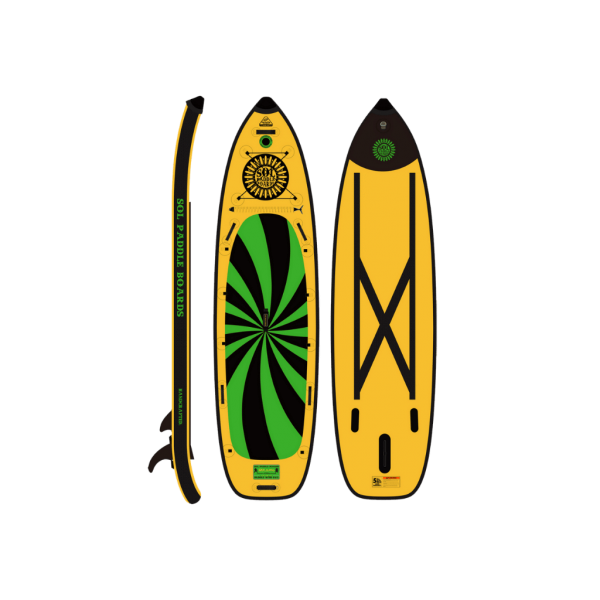 Three different types of yellow SOLsumo inflatable SUPs with green and black design elements, displayed vertically on a black background.
