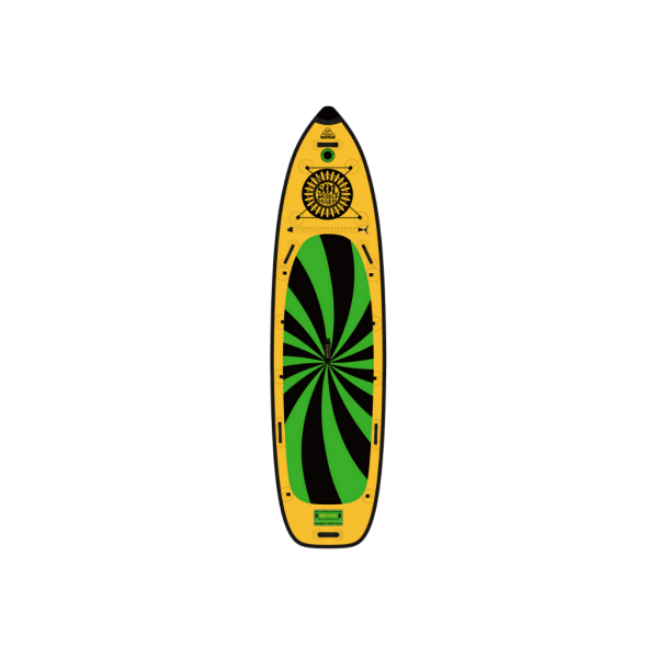 A colorful inflatable SUP with a yellow base, green and black sunburst design, and decorative elements by SOL called the SOLsumo.