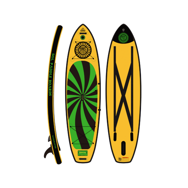 Three views of colorful SOLtrain inflatable stand-up paddleboards (SUPs), featuring vibrant green and yellow designs, isolated on a black background.