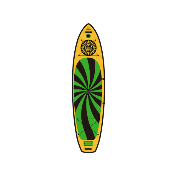 Illustration of a yellow and green SOLtrain inflatable SUP with a radial design and sun symbol, isolated on a black background.