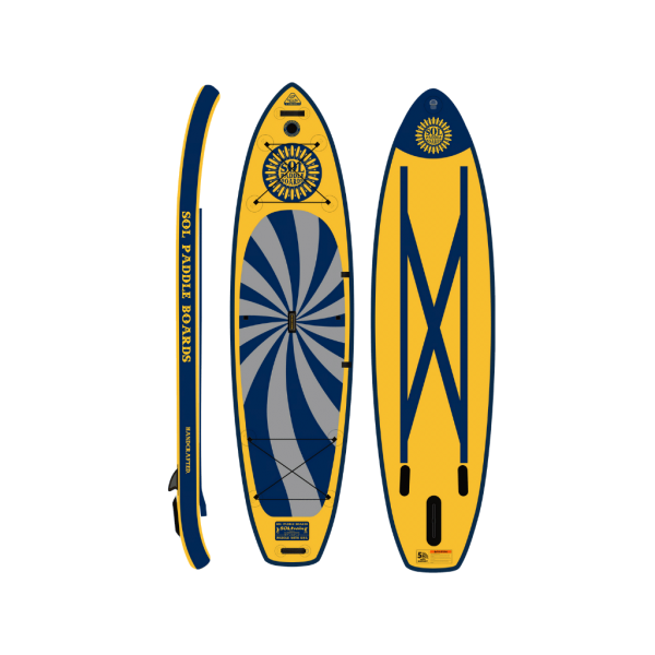 Three views of a blue and yellow SOLtrain inflatable SUP against a black background: side, top, and bottom perspectives.