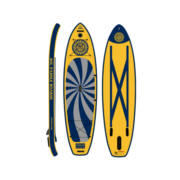 Three views of the durable and rigid SOLtrain inflatable SUP by SOL Paddle Boards, featuring a yellow and blue sunburst design with a black fin.
