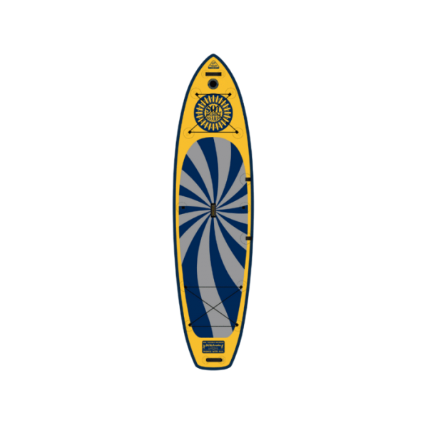 The SOLtrain from SOL Paddle Boards is a durable and stiff yellow inflatable SUP with a striking blue spiral design and a sun logo at the front, perfect for your next water adventure.