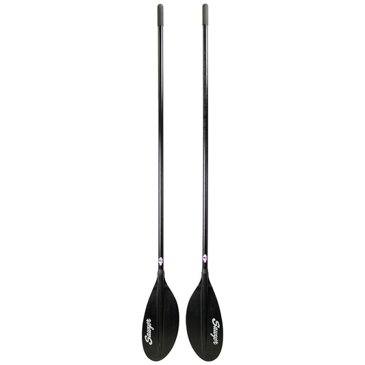 Two SST Small Diameter Shoal Cut Oars in black, featuring long shafts and wide blades similar to the sleek product by Sawyer, are positioned vertically side by side.