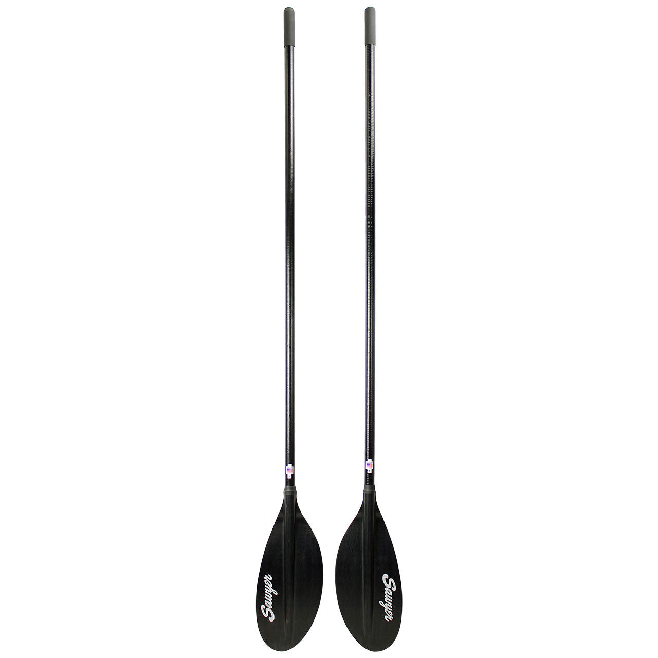 Two SST Small Diameter Shoal Cut Oars in black, featuring long shafts and wide blades similar to the sleek product by Sawyer, are positioned vertically side by side.