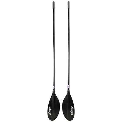 Two SST Small Diameter Shoal Cut Oars in black, featuring long shafts and wide blades similar to the sleek product by Sawyer, are positioned vertically side by side.