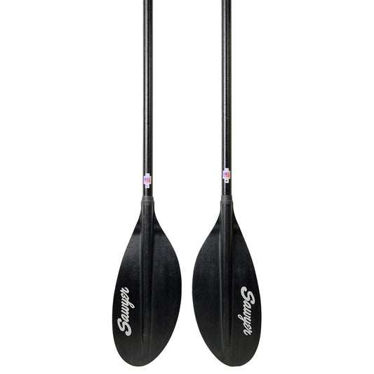 A pair of black Sawyer SST Small Diameter Oars with CFRT blade construction on a white background.