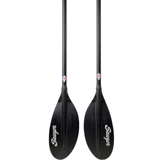 Two SST Small Diameter Shoal Cut Oars, each black with "Sawyer" displayed in white on the blades, stand vertically side by side.