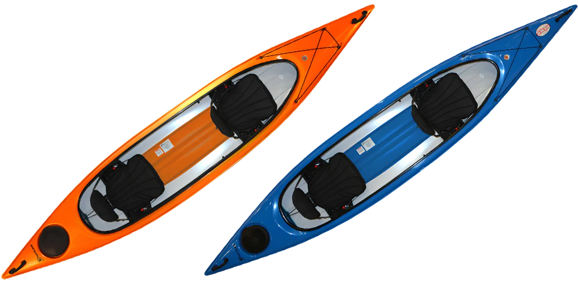 Two Hurricane Santee 140 Tandem kayaks on a white background.