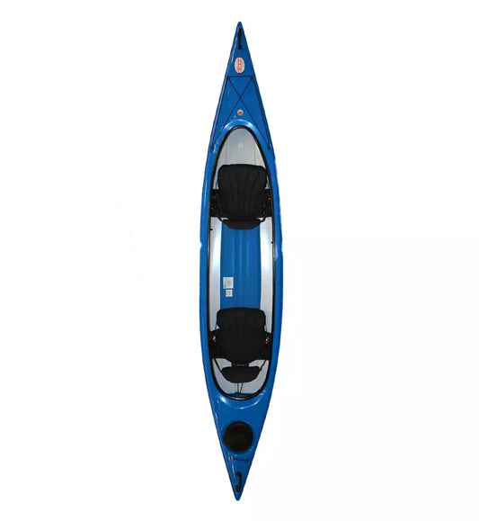 Aerial view of the Santee 140 Tandem by Hurricane Kayaks shows a sleek blue tandem kayak with two black seats on a pristine white background. Made with innovative Trylon construction, this lightweight kayak offers durability and style for any water adventure.