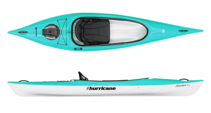 The Santee 116 from Hurricane Kayaks is a turquoise and white recreational kayak, shown in top and side views. It features a comfortable seat, storage hatch, "Hurricane" branding on the side, and is lightweight—ideal for easy paddling adventures.
