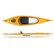 The top and side view of a yellow and white kayak, the "Santee 116" by Hurricane Kayaks, highlights its lightweight and sleek design. This recreational kayak has a comfortable black seat and footrests inside, ideal for leisurely paddling adventures.
