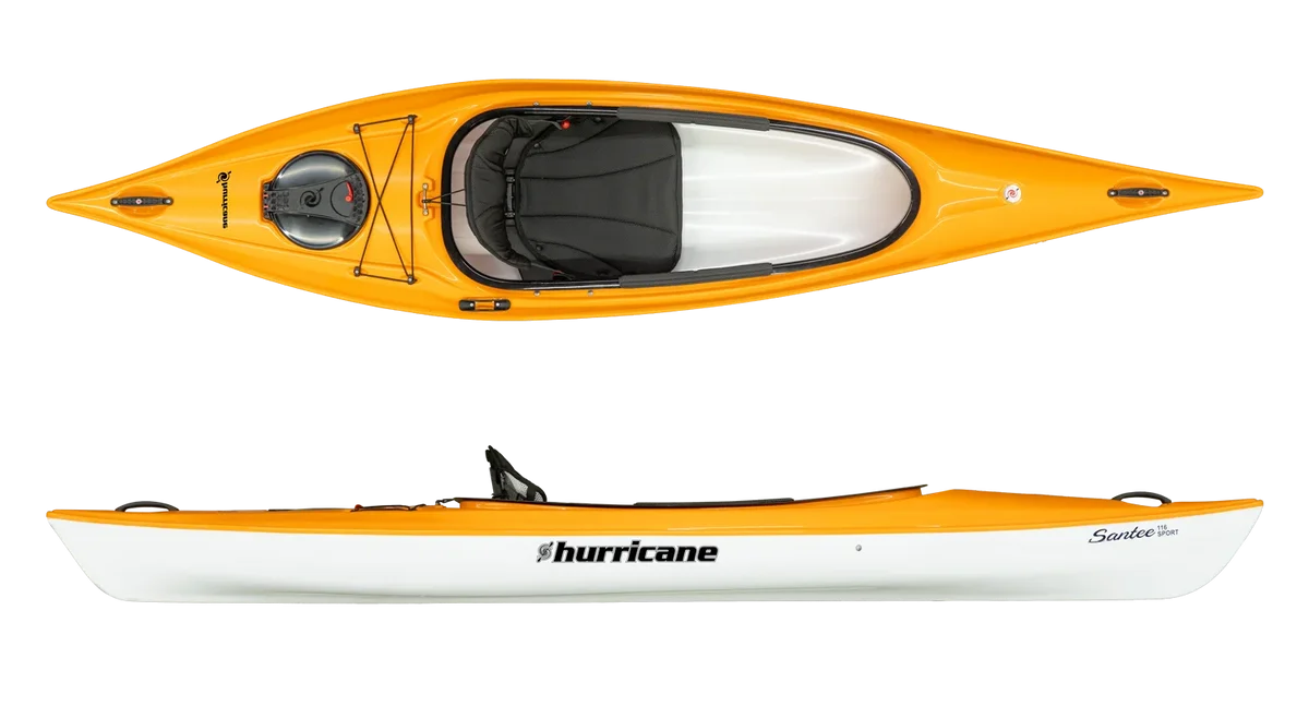 The top and side view of a yellow and white kayak, the "Santee 116" by Hurricane Kayaks, highlights its lightweight and sleek design. This recreational kayak has a comfortable black seat and footrests inside, ideal for leisurely paddling adventures.
