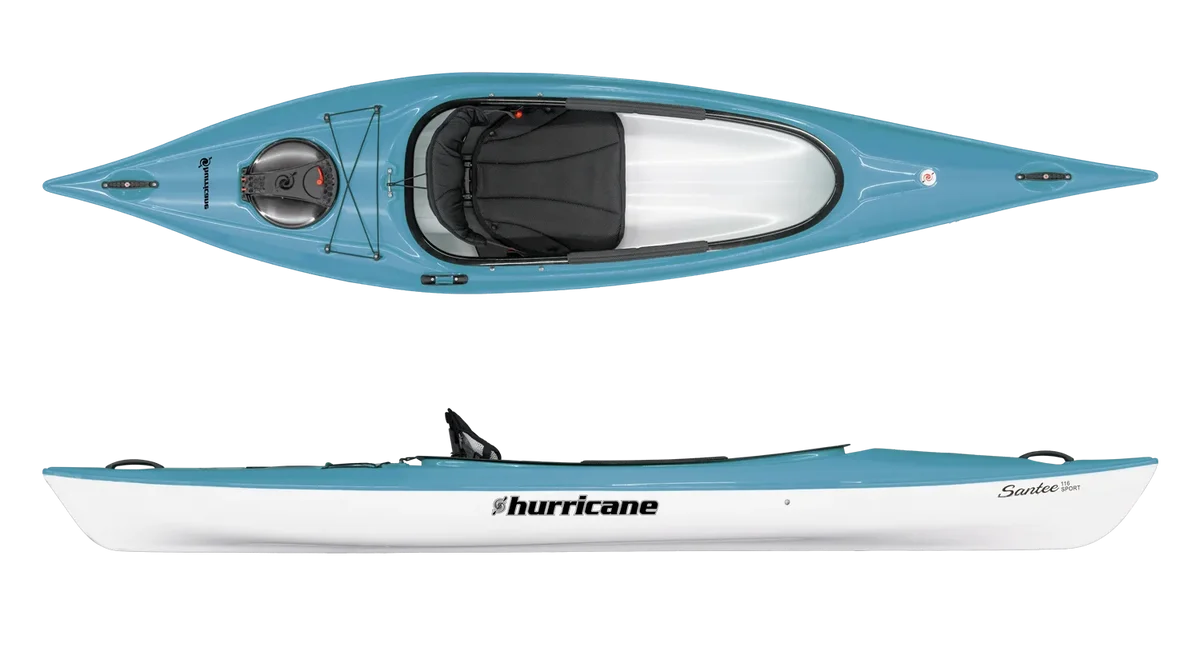 Top and side view of a blue and white Santee 116 kayak by Hurricane Kayaks, equipped with a seat and paddle holder, perfect for those seeking a lightweight recreational vessel.
