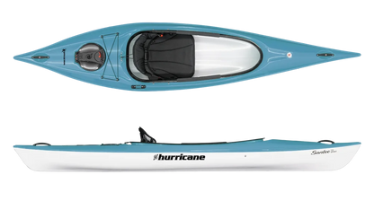 Top and side view of a blue and white Santee 116 kayak by Hurricane Kayaks, equipped with a seat and paddle holder, perfect for those seeking a lightweight recreational vessel.