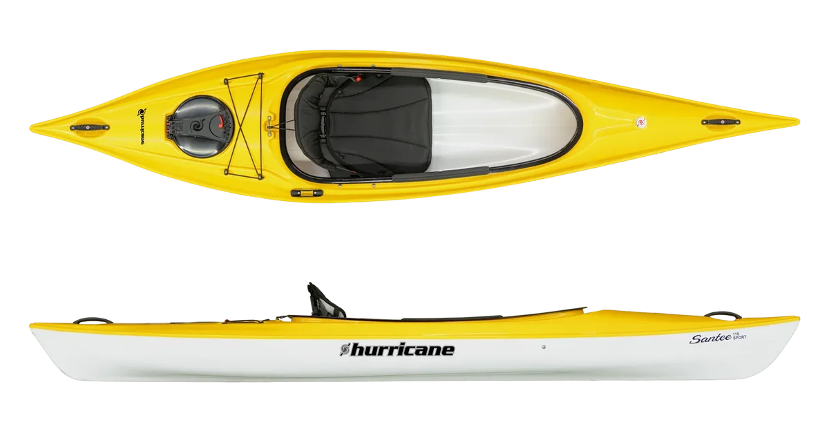 The Hurricane Kayaks Santee 116 is a lightweight kayak featuring a bright yellow and white design, with a top and side view that highlights its padded seat and footrests—perfect for recreational kayaking adventures.