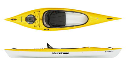 The Hurricane Kayaks Santee 116 is a lightweight kayak featuring a bright yellow and white design, with a top and side view that highlights its padded seat and footrests—perfect for recreational kayaking adventures.