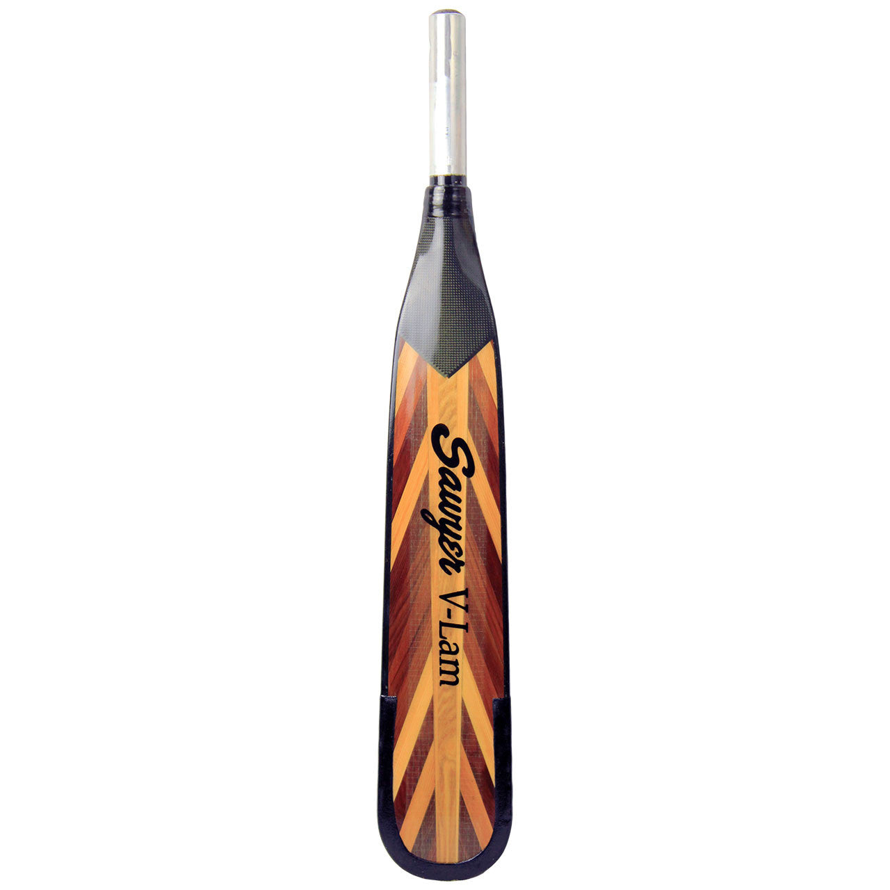 A lightweight V-Lam Fir Oar Blade with a black and brown design, featuring fiberglass reinforcement, made by Sawyer.