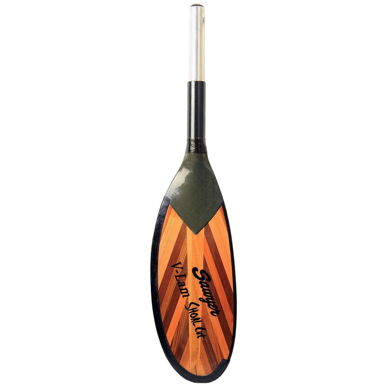 A paddle with an orange and black design on a fiberglass & laminated V-Lam Fir oar blade by Sawyer.
