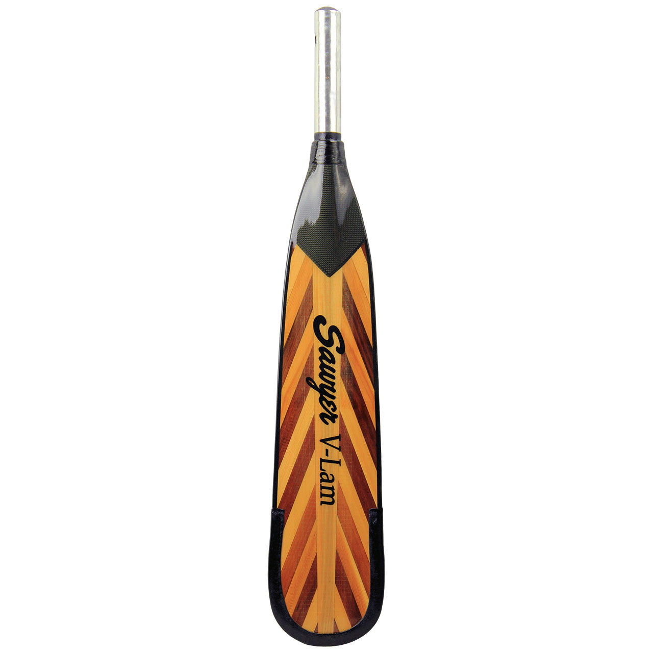A fiberglass and laminated V-Lam Fir Oar Blade with an orange and black stripe, branded by Sawyer.