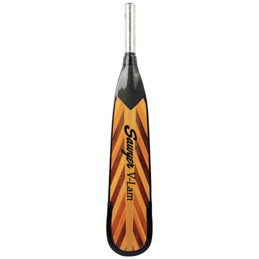 A fiberglass and laminated V-Lam Fir Oar Blade with an orange and black stripe, branded by Sawyer.