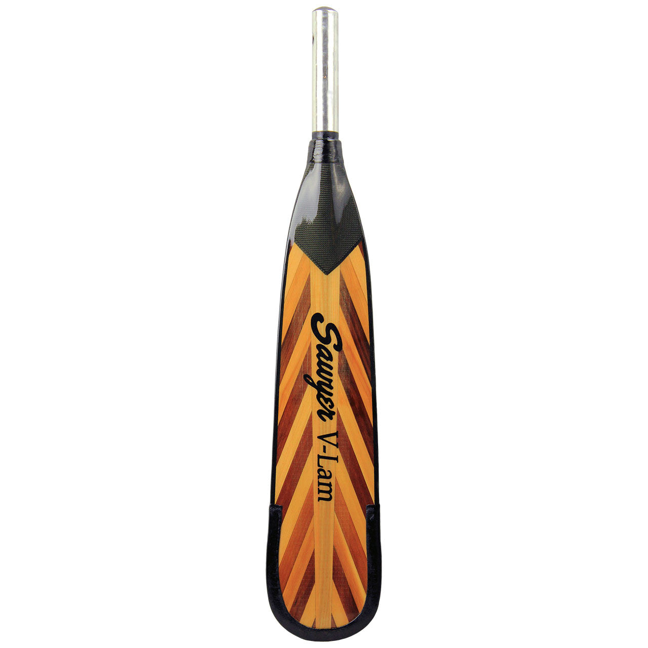 A paddle with an orange and black stripe on it featuring a fiberglass & laminated V-Lam Fir Oar Blade by Sawyer.