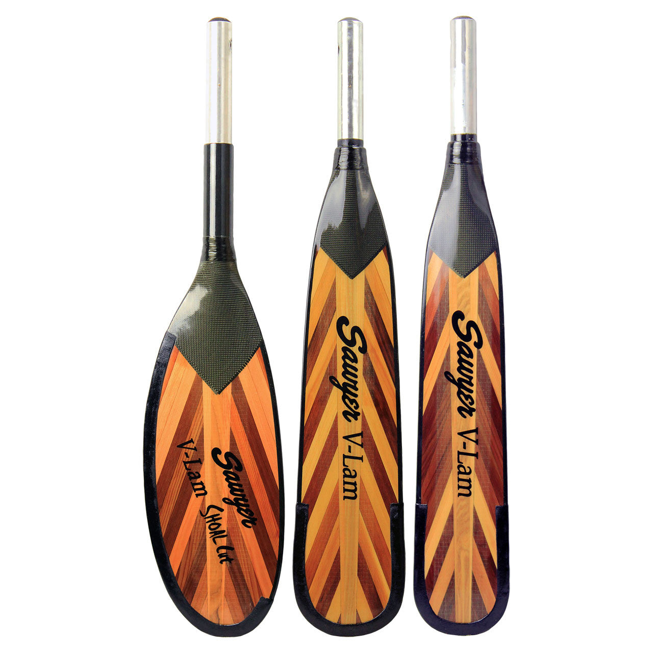Three V-Lam Fir Oar Blades with different designs on them, featuring fiberglass reinforcement for a light and tough performance, by Sawyer.