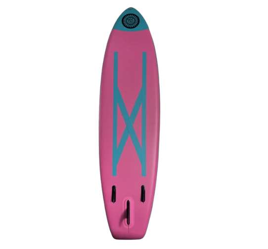 A pink and blue SOLlynx Galaxy Inflatable Paddle Board by SOL with a blue logo on it.