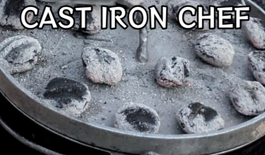 A 4CRS Cast Iron Chef Tasting Ticket features a cast iron pot covered in charcoal briquettes, promoting the "CAST IRON CHEF Competition Sunday April 20." Enjoy live music and exciting food tasting!.