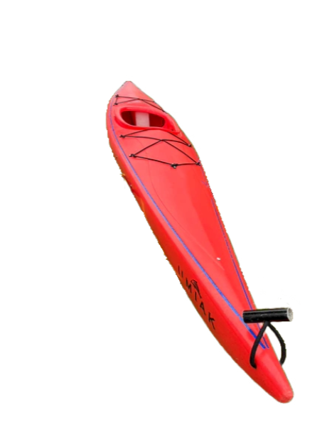 The 4Corners Riversports Perception Umiak SM is a red sit-in kayak featuring black bungee cords on the front deck and a black stern handle, ideal for beginner paddlers, shown isolated on a white background.