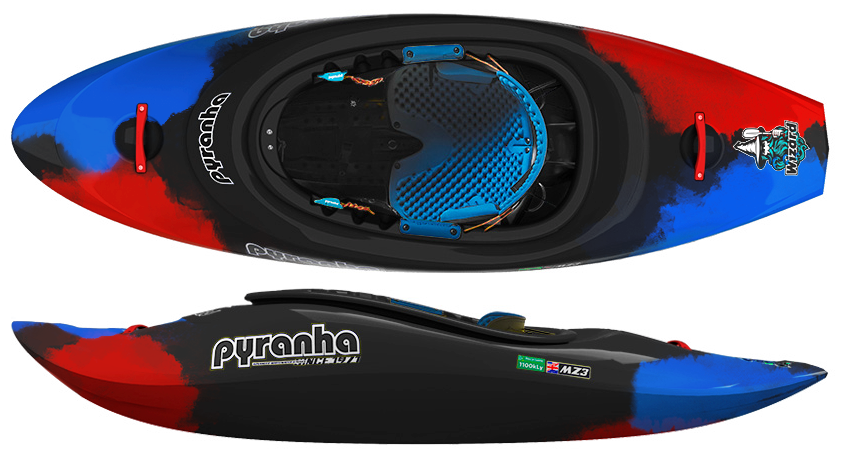 Top and side view of Pyranha’s The Wizard kayak with bold black, blue, and red graphics. Features the Pyranha logo and padded cockpit seat—ideal for downriver playboat adventures on both rivers and ocean waves.
