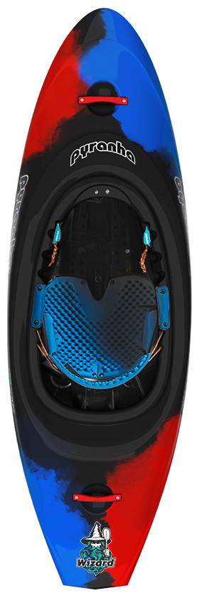 Top view of Pyranha's The Wizard downriver play boat in a bold red, black, and blue pattern with seat, footrests, and "Wizard" logo near the front—ideal for river and ocean waves.