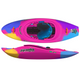 The Pyranha Wizard kayak, shown from top and side views in a vibrant mix of pink, blue, and yellow, is perfect for tackling river or ocean waves.