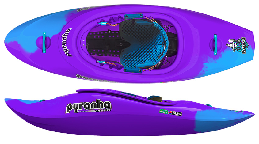 The Pyranha Wizard, a purple and blue downriver play boat, is shown from top and side views with its cockpit, seat, and footrest visible—ideal for river or ocean waves. Prominent Pyranha branding appears on the hull.