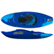 The Wizard by Pyranha is a blue downriver play boat with top and side views, featuring a padded seat, foot rests, and a whitewater-ready design for tackling river and ocean waves.