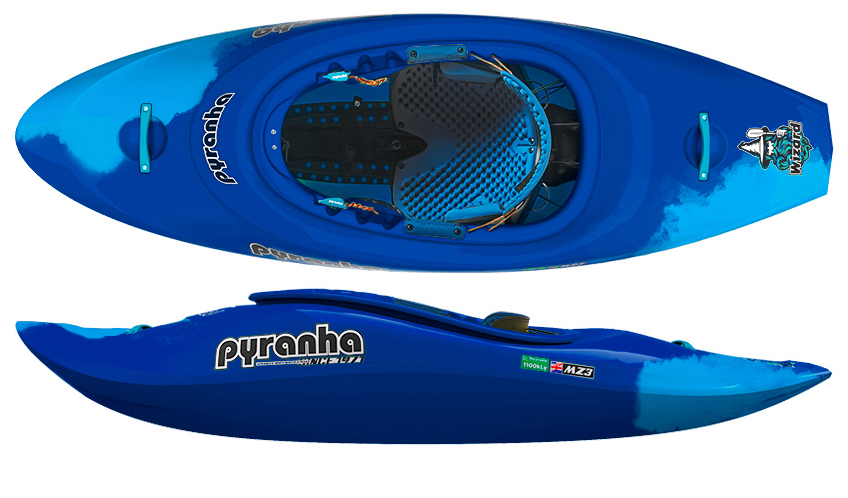 The Wizard by Pyranha is a blue downriver play boat with top and side views, featuring a padded seat, foot rests, and a whitewater-ready design for tackling river and ocean waves.