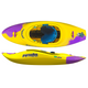 The Pyranha Wizard, shown in yellow and purple from top and side views, features a padded seat, foot rests, and brand logos—ideal for tackling river or ocean waves.