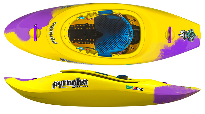 The Pyranha Wizard, shown in yellow and purple from top and side views, features a padded seat, foot rests, and brand logos—ideal for tackling river or ocean waves.