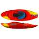 The Pyranha Wizard downriver play boat is shown from top and side views with a red and yellow design, a blue seat, and the Pyranha logo—ideal for riding river or ocean waves.