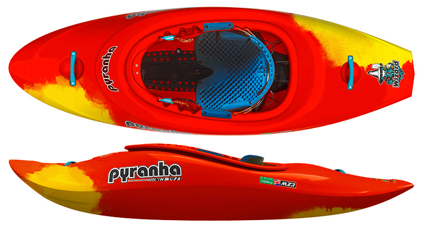 The Pyranha Wizard downriver play boat is shown from top and side views with a red and yellow design, a blue seat, and the Pyranha logo—ideal for riding river or ocean waves.