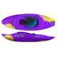 The Pyranha Wizard, shown in purple and yellow from top and side views, features branding logos and a contoured seat with footrests—perfect for riding river or ocean waves.
