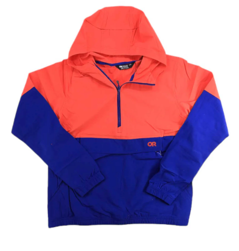 The Outdoor Research Ferrosi Anorak - Women's features a red upper and hood, blue sleeves and bottom, a front half-zip, and "OR" logo. This stylish, breathable jacket by Outdoor Research is perfect for any adventure.