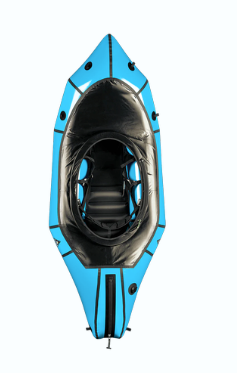 Top view of the Alpacka Gnarwhal with Whitewater Deck, a blue inflatable packraft featuring a seat and a front zippered compartment.