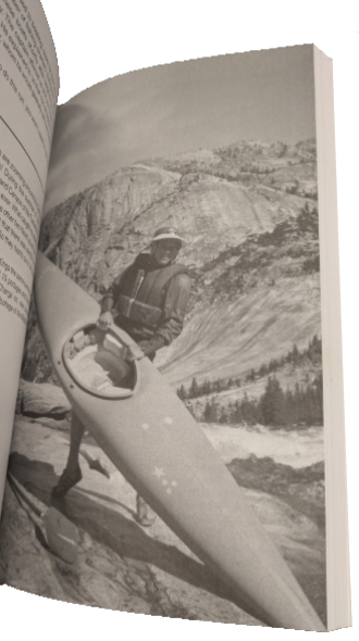 A river guide in outdoor gear stands by a kayak on rocky terrain with California mountains and trees behind, featured in "The Best Whitewater in California (Third Edition)" by 4Corners Riversports, shown on an open book page.