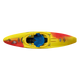 Top view of the Pyranha Ripper 2 kayak in yellow and red, with a blue seat, black footrests, brand logos, a cartoon fish on the front left side, and increased bow rocker for enhanced river running performance.