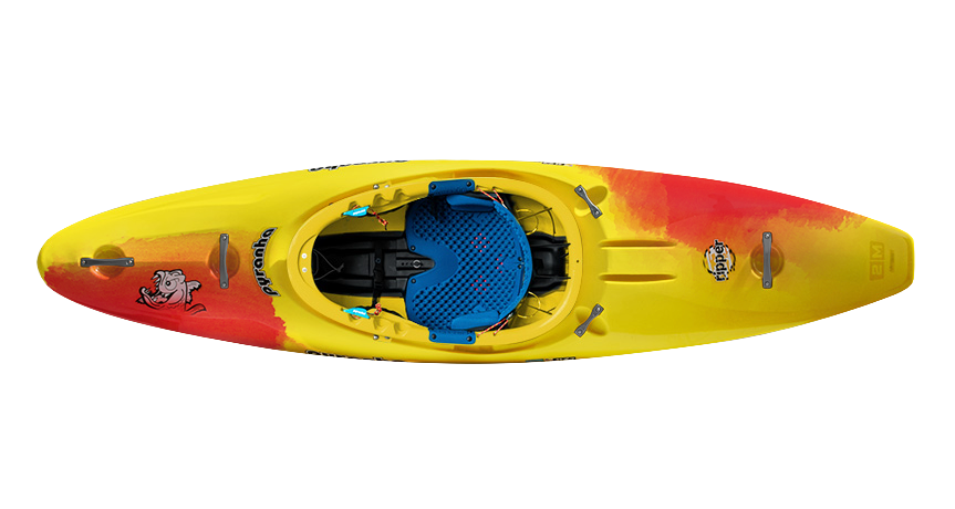 Top view of the Pyranha Ripper 2 kayak in yellow and red, with a blue seat, black footrests, brand logos, a cartoon fish on the front left side, and increased bow rocker for enhanced river running performance.