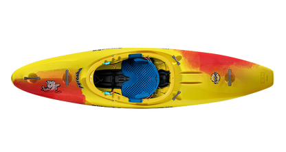 Top view of the Pyranha Ripper 2 kayak in yellow and red, with a blue seat, black footrests, brand logos, a cartoon fish on the front left side, and increased bow rocker for enhanced river running performance.