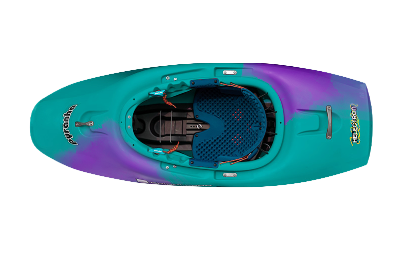 Top view of a Pyranha Helectron freestyle kayak in teal and purple, featuring a single cockpit, visible seat, foot braces, and Elite Outfitting System; shown on a white background.